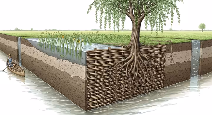 An illustration of Aztec agriculture, showing how a chinampa is built with layers of mud and anchored by trees.