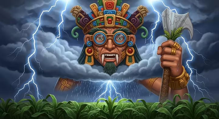 An artistic representation of the Aztec god Tlaloc, with his goggle eyes and fangs.