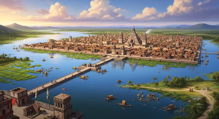 A grand, artistic panorama of the Aztec capital, with its central pyramids and causeways connecting it to the mainland across a vast lake.