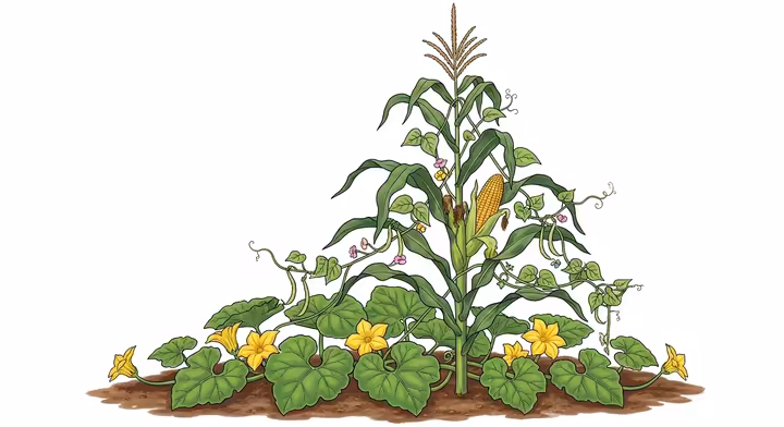 A diagram showing how the Three Sisters-maize, beans, and squash-help each other grow.