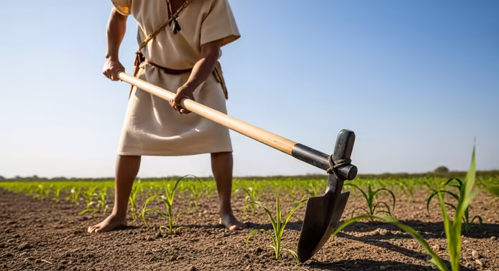 An Aztec farmer using a fire-hardened wooden digging stick, known as a uictli, to plant maize kernels.