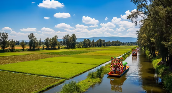 A modern photo of the canals of Xochimilco, with surviving chinampas and colorful boats.