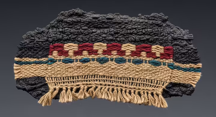A preserved, charred archaeological textile fragment from an Aztec site, showing visible weave patterns.