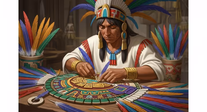 An Aztec amanteca (featherworker) meticulously crafting a feathered shield or headdress.