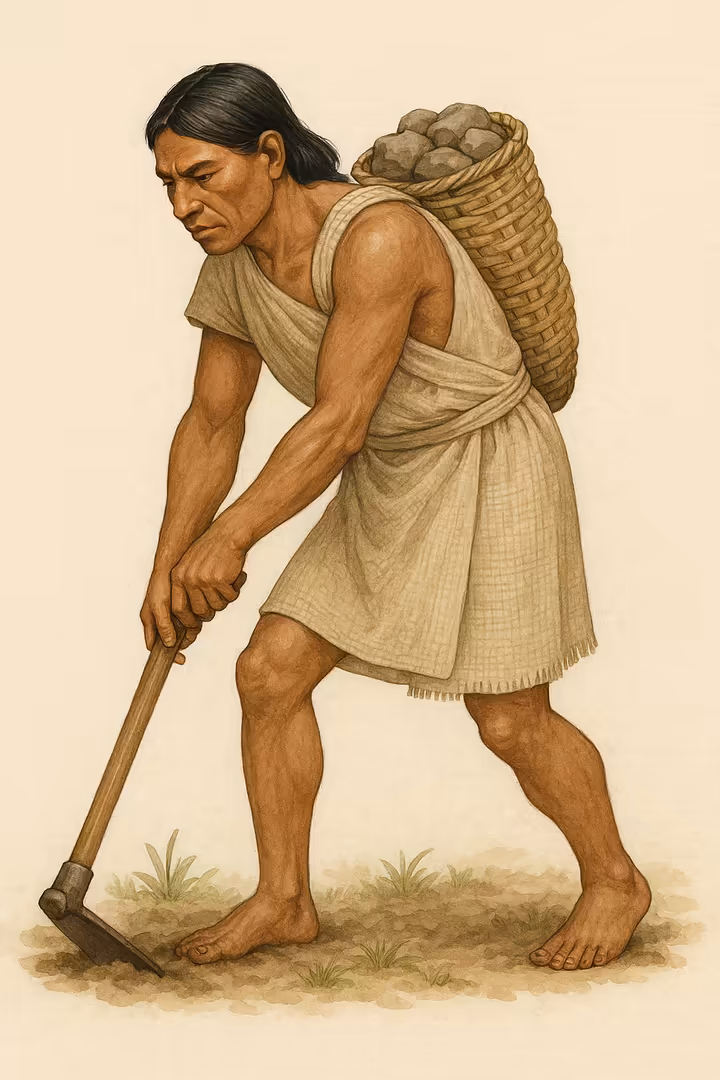 An Aztec commoner man wearing a simple maxtlatl (loincloth) and ixtle tilmatli (cloak).