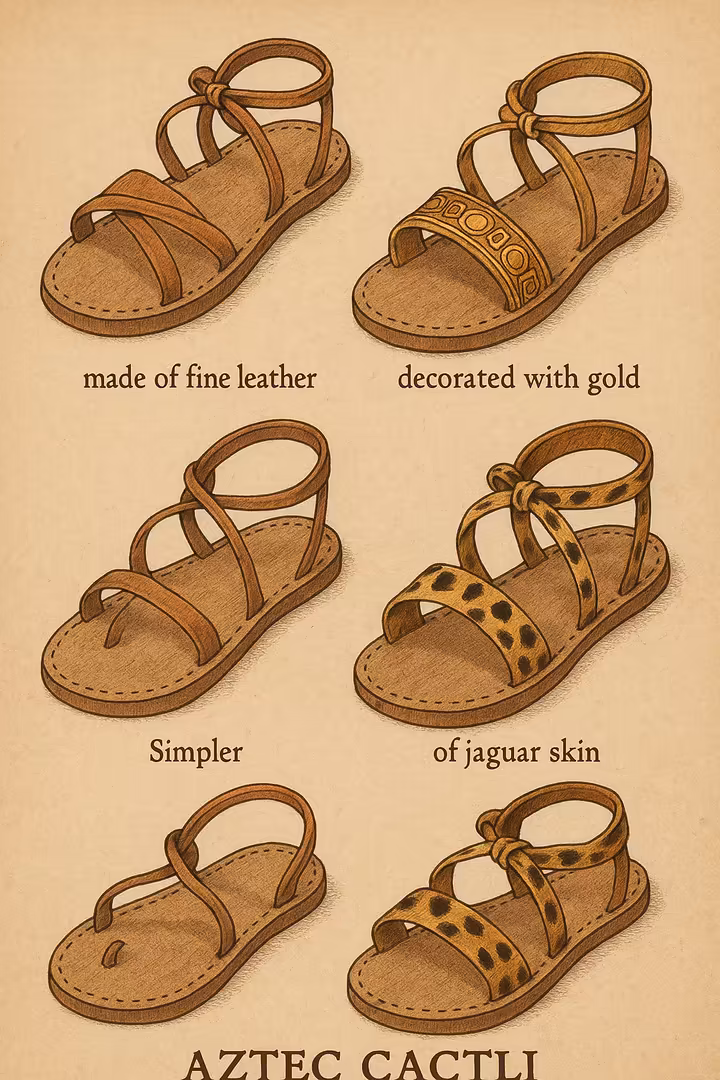 Ornately decorated cactli (sandals) worn by an Aztec noble, perhaps made of leather or jaguar skin.