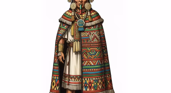 An Aztec noble wearing high-status Aztec clothing, including a colorful cotton cloak.