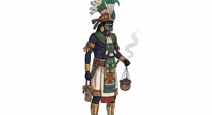 An Aztec priest in ritual attire, possibly with face paint, incense bag, and specific deity symbols.