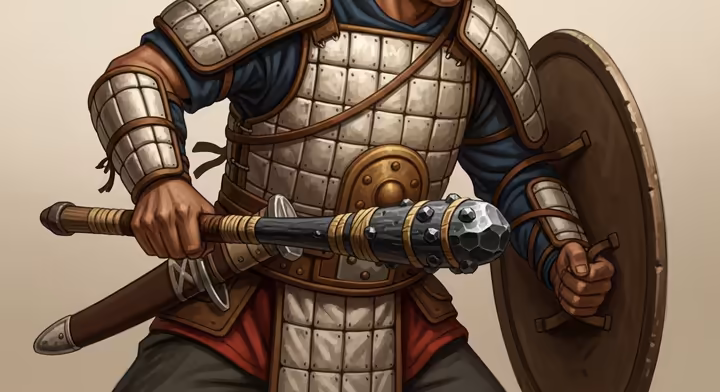 An Aztec warrior wearing ichcahuipilli (quilted cotton armor) and holding a macuahuitl.