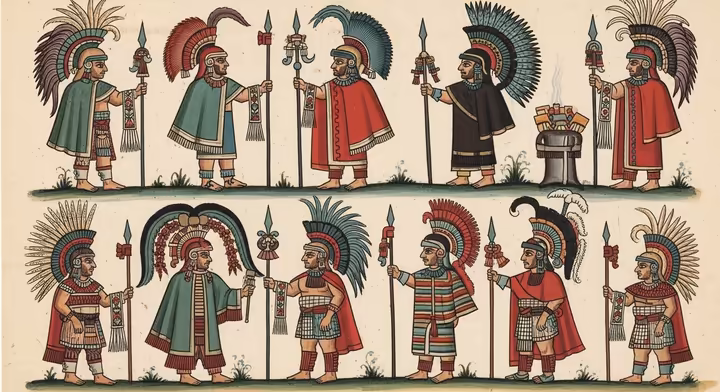 A page from the Codex Mendoza showing Aztec tribute items, including textiles and warriors.