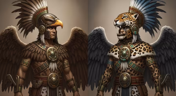 Aztec Eagle and Jaguar warriors in their distinctive tlahuiztli (full-body suits) and animal headdresses.