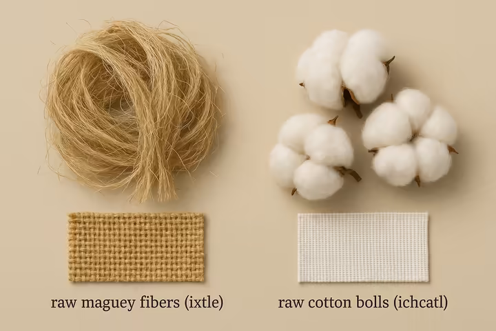 Comparison of coarse maguey fibers next to soft cotton bolls, highlighting the material difference.