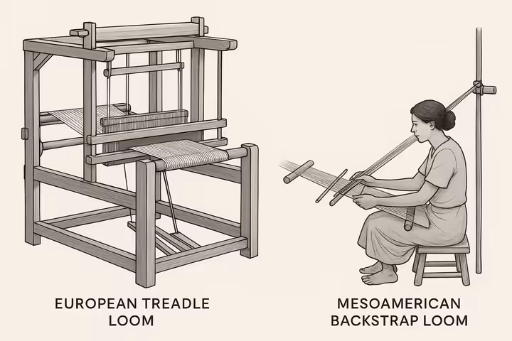 A comparison showing a European-style treadle loom next to a traditional Mesoamerican backstrap loom.
