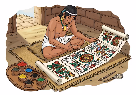 An Aztec scribe, known as a tlacuilo, carefully painting pictograms and symbols onto a folded book called a codex.
