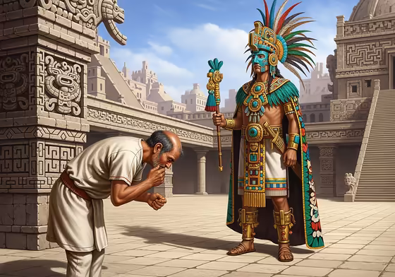 An illustration of an Aztec commoner showing deep respect by bowing low and touching the ground before speaking to a higher-ranking noble.