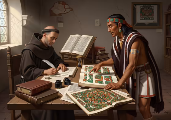 A Spanish friar and a Nahua scholar working together at a table to create the Florentine Codex, blending European and Aztec knowledge.
