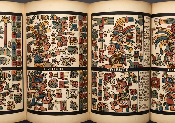 An open page from an Aztec codex, showing colorful pictographs and glyphs on amate paper.