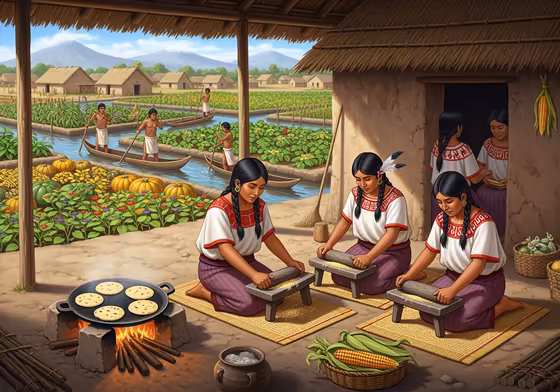 A vibrant scene of Aztec commoners going about their day, with women grinding corn and men working on a chinampa.