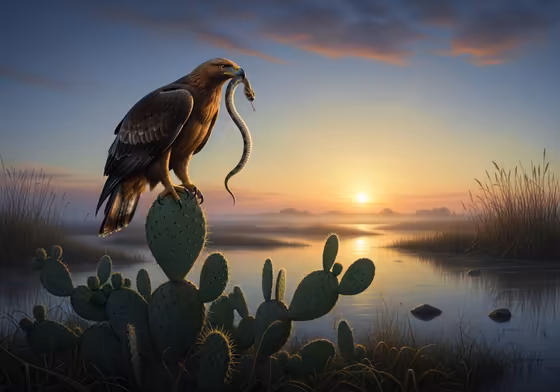 The founding myth of Tenochtitlan: an eagle perched on a prickly pear cactus, devouring a snake.