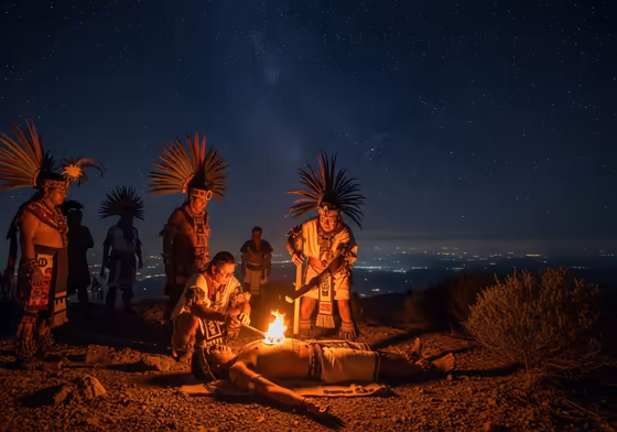 Aztec priests performing the New Fire Ceremony at night on a mountaintop, with the fires of Tenochtitlan extinguished below.
