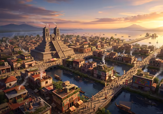 A sprawling, detailed reconstruction of the Aztec capital city of Tenochtitlan, with pyramids, canals, and causeways on a lake.