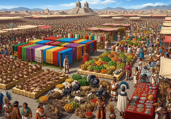 The bustling market of Tlatelolco, with thousands of people trading goods like food, textiles, and pottery.