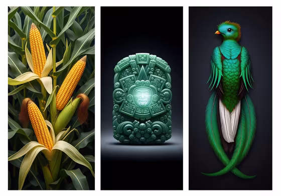 A triptych showing the three most valued Aztec items: a sacred maize plant, a polished green jade stone, and vibrant quetzal feathers.