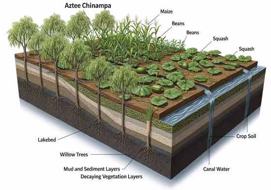 A detailed cross-section of an Aztec chinampa, or 'floating garden', showing its construction with layers of mud and vegetation.