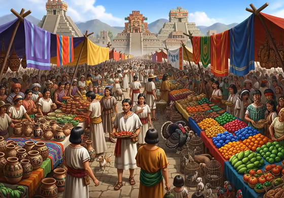 The bustling Great Market of Tlatelolco, with thousands of Aztecs trading goods under awnings.