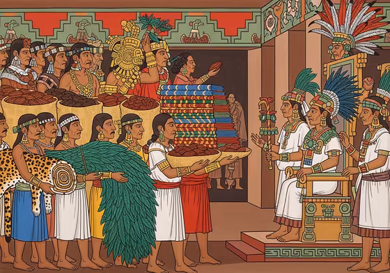 A line of tribute bearers from conquered lands bringing goods like gold, feathers, and textiles to an Aztec official in Tenochtitlan.