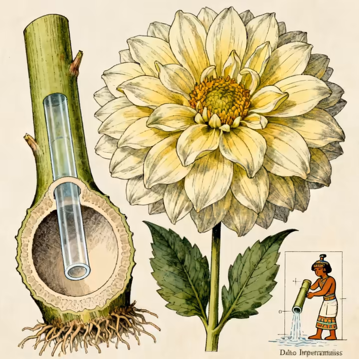 A large, beautiful dahlia flower with a cross-section of its hollow stem shown, illustrating why it was called 'acocoxochitl' or 'water pipe flower'.