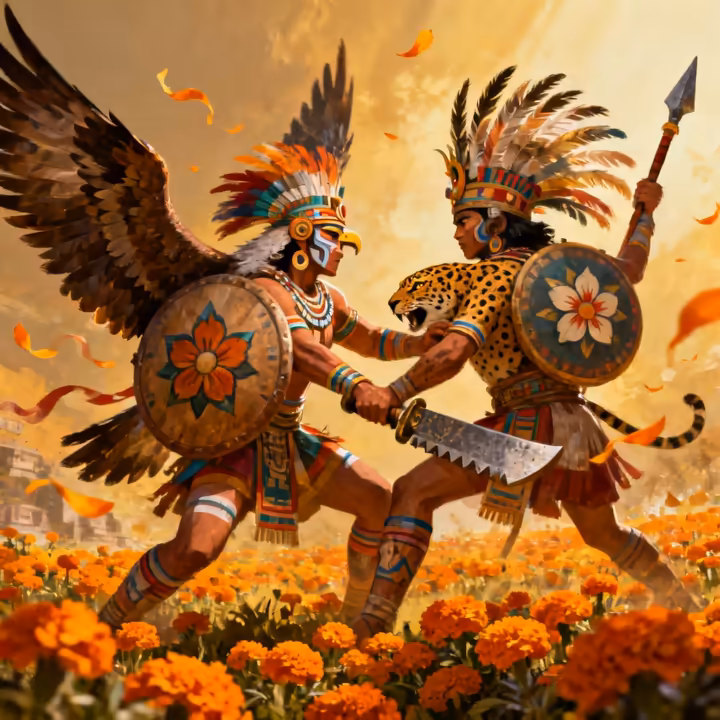 Aztec warriors engaged in a ritualized Flower War, with floral motifs on their shields and banners.