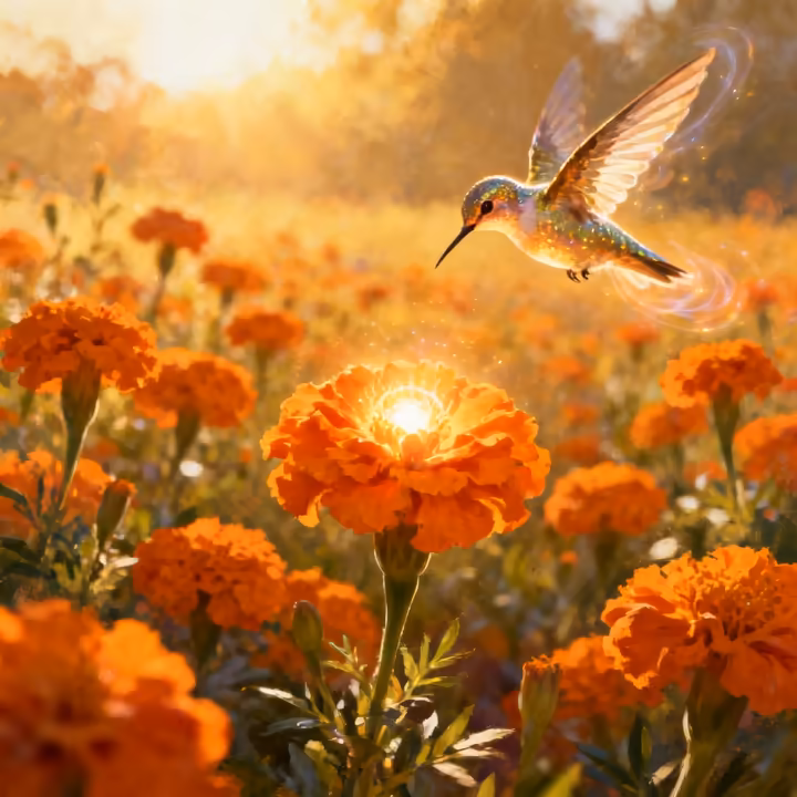 Vibrant orange cempasúchil (marigold) flowers with a hummingbird drinking nectar, illustrating the Aztec legend of Xóchitl and Huitzilin.