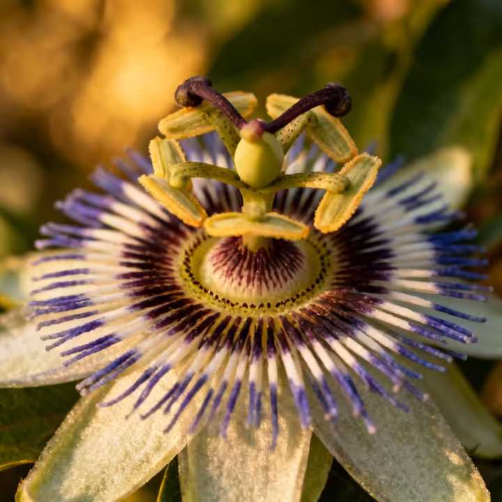 A detailed close-up of a passionflower (coanenepilli), highlighting its complex and intricate structure.