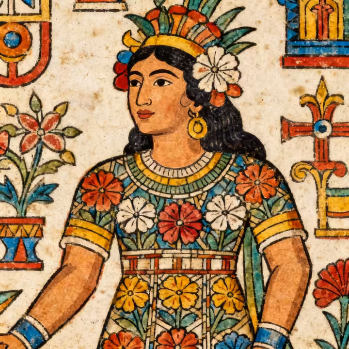 A detail from the Aztec Codex Borgia showing a deity whose clothing and headdress are heavily decorated with symbolic floral patterns.