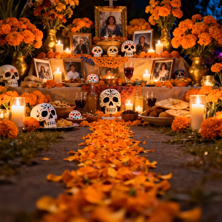 A vibrant Día de Muertos ofrenda (altar) heavily decorated with bright orange cempasúchil flowers, candles, and photos of deceased relatives.