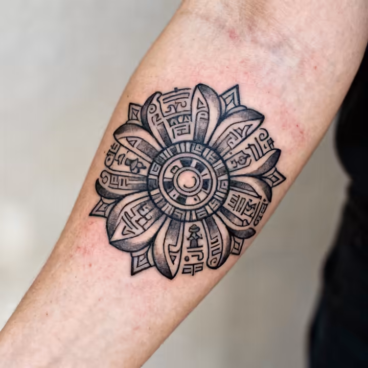 A modern tattoo on a person's arm depicting an Aztec flower, inspired by the designs from ancient codices.