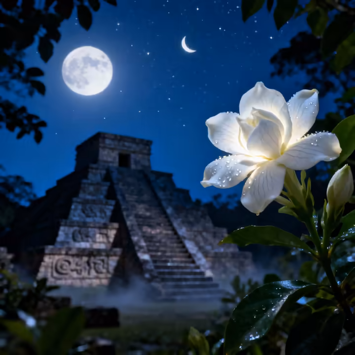 Waxy white tuberose flowers (omixochitl) blooming at night under a full moon, symbolizing their connection to the night and mystery.