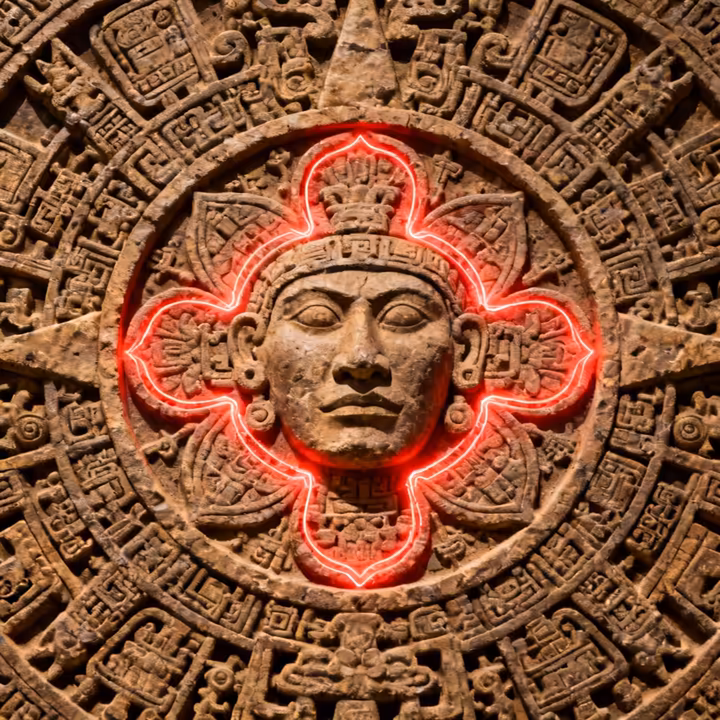 The Aztec Sun Stone (Piedra del Sol) with a glowing overlay highlighting the central glyph, Nahui Ollin, revealing its structure as a four-petaled flower.