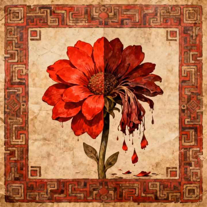 An Aztec-style painting of a beautiful, vibrant flower that is beginning to wilt and lose its petals, symbolizing the fleeting nature of life.