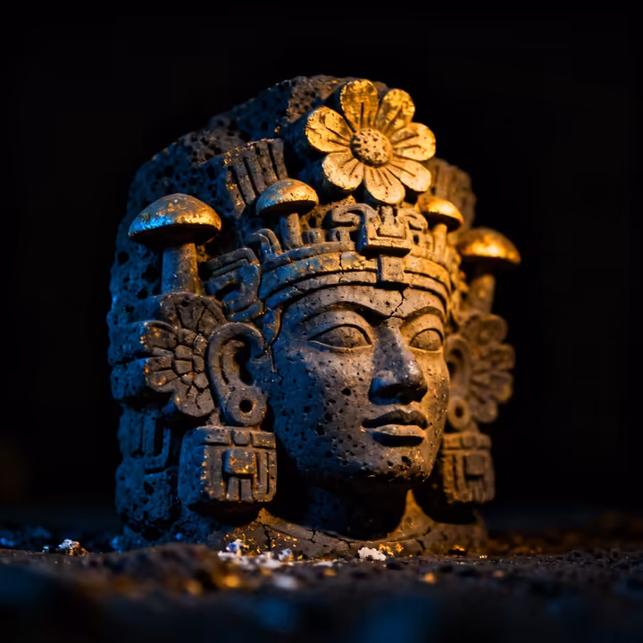 The famous statue of the Aztec god Xochipilli, shown seated in a trance with his body covered in carvings of psychoactive flowers and plants.