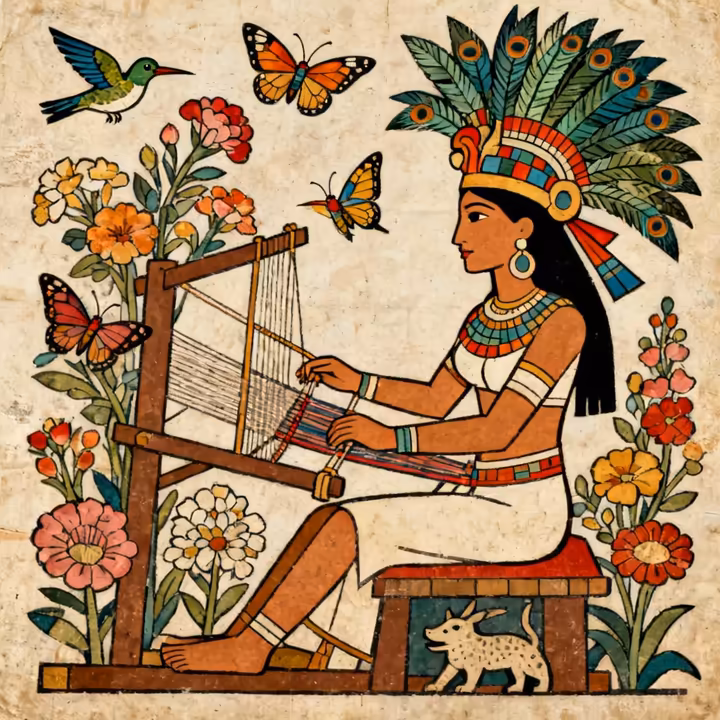 The goddess Xochiquetzal as depicted in an Aztec codex, adorned with flowers and quetzal feathers.