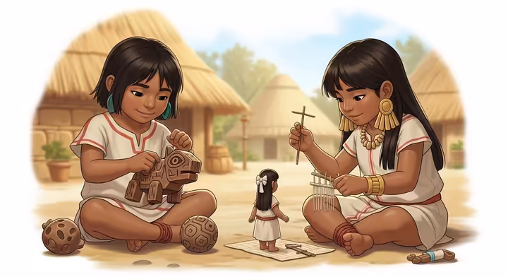 Aztec children playing with gender-specific toys and games: a boy with an animal toy, and a girl with a small weaving loom or doll.