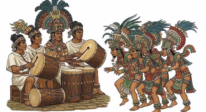 Aztec musicians playing huehuetl and teponaztli drums while elaborately costumed dancers perform a ceremonial dance.