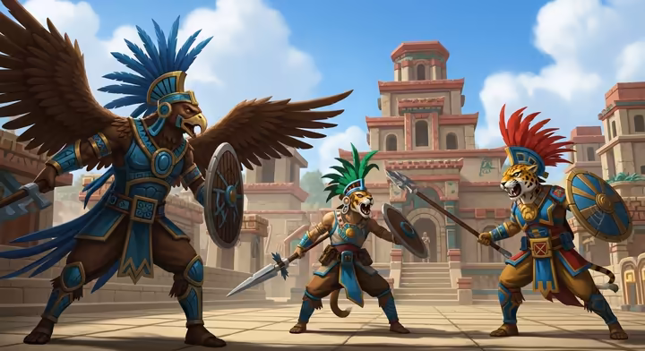 A screenshot of an Aztec-themed video game, showing warriors and stylized Tenochtitlan architecture.