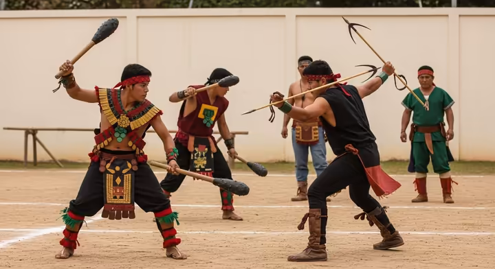 Aztec youths engaged in rigorous warrior training games, practicing with macuahuitl and atlatl under the guidance of an elder.