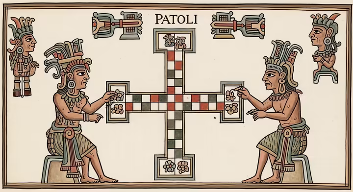An artistic interpretation of a Patolli game scene as depicted in an Aztec codex, showing the cross-shaped board and deities.