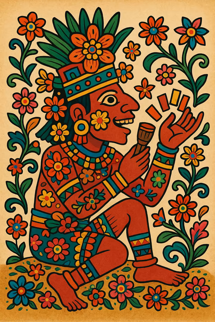 Artistic representation of Macuilxochitl/Xochipilli, the Aztec god of games, music, and feasting, surrounded by flowers and musical instruments.