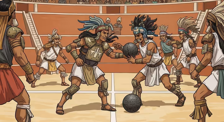Aztec players in action during an Ōllamaliztli ball game, hitting the rubber ball with their hips in a ceremonial I-shaped court.