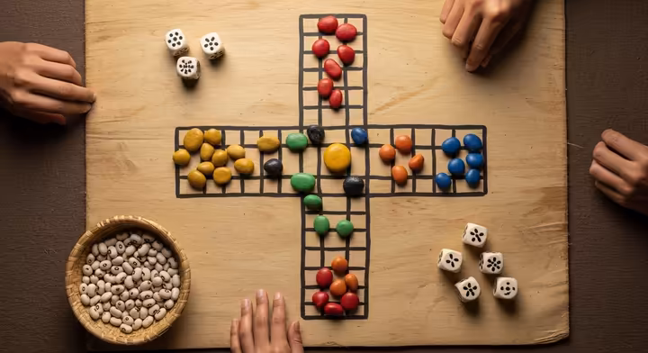 An Aztec Patolli game board, cross-shaped on a reed mat, with colored pebbles as pieces and beans as dice.